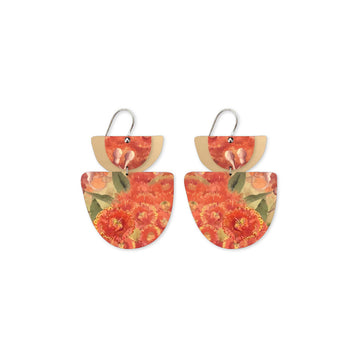 Pair of earrings with floral design on a white background.
