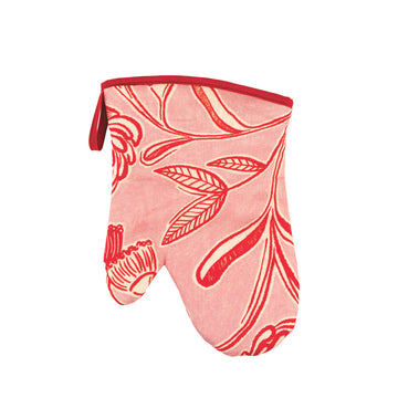 Pink oven mitt with red floral pattern on a white background.