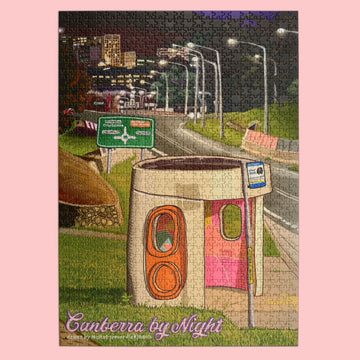A puzzle box titled 'Canberra by Night' with an illustration of  Canberra street and bus stop at night by Trevor Dickinson.