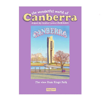 A magnet with an illustration of a lake and buildings by Trevor Dickinson attached to a purple card.