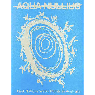 Book cover of 'Aqua Nullius' with a blue background and white spiral design.