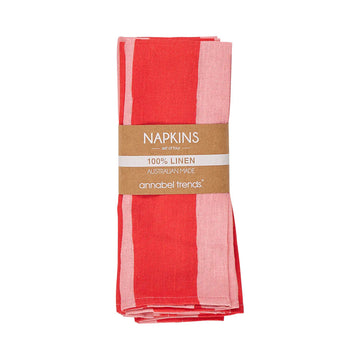 Pack of red and pink striped napkins with a visible brand label on a white background.