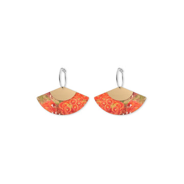 Fan-shaped earrings with floral design on a white background.