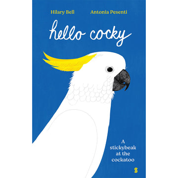 'Hello cocky' book cover featuring an illustration of a cockatoo on a blue background.