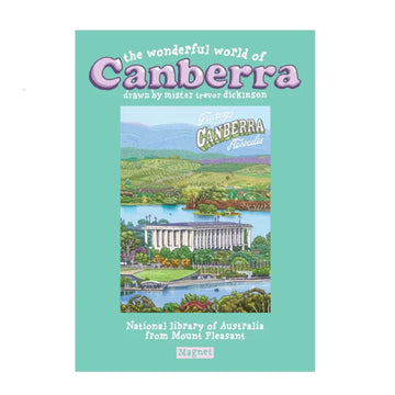 A magnet with an illustration of the National Library over the lake by Trevor Dickinson on an aqua coloured card.