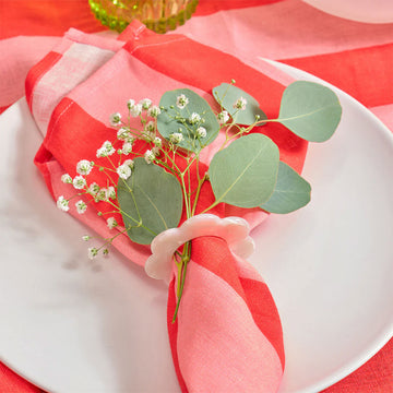 Pack of red and pink striped napkins with a visible brand label on a white background.