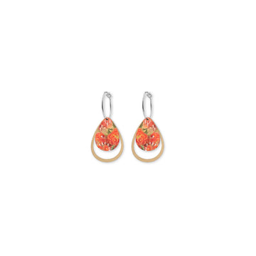 Teardrop-shaped earrings with floral design on a white background.