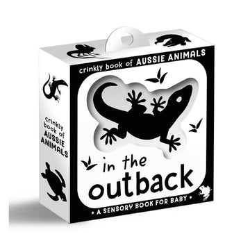 Box of 'Crinkly Book of Aussie Animals in the Outback' with a black and white design of a lizard.
