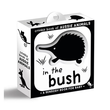 Box of 'In the Bush' crinkly book for babies featuring Australian animals.