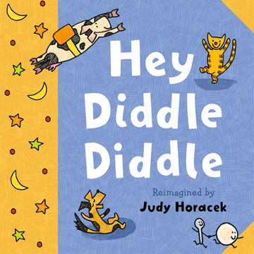 'Hey Diddle Diddle' book cover featuring illustrations of animals from the nursery rhyme including a cow jumping and a dish running away with a spoon. 