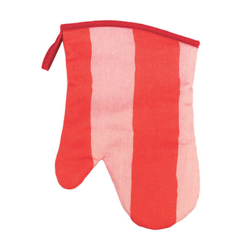 Red and pink striped oven mitt on a white background.