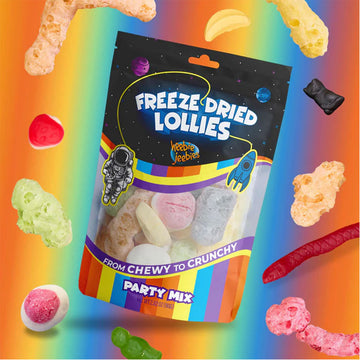 A bag of freeze dried lollies with colourful lollies around the bag.