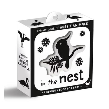 Box of 'In the Nest' crinkly book for babies featuring Aussie animals on a white background.