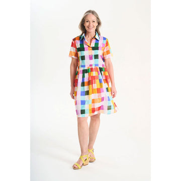 A short sleeve dress printed with a colourful checkered print.