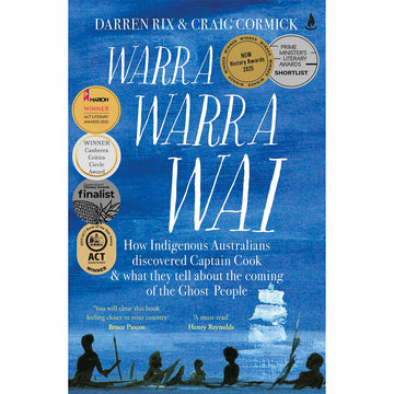 'Warra Warra Wai' book cover featuring an illustrated silhouette of people in a boat against a blue background.