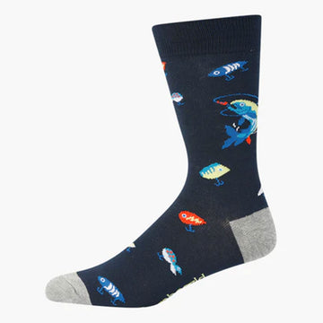 A navy blue sock with illustrations of fish on it.