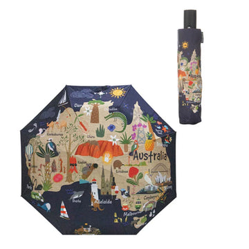 An umbrella shown folded up and open. Both are printed with a map of Australia with illustrated symbols and icons.