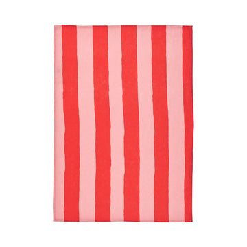 Red and pink striped tea towel on a white background.