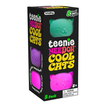 A tall box with three cat shaped squish toys inside with cut outs showing them inside.