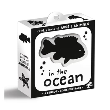 Box of a crinkly book titled 'In the Ocean' featuring Aussie animals on a white background.