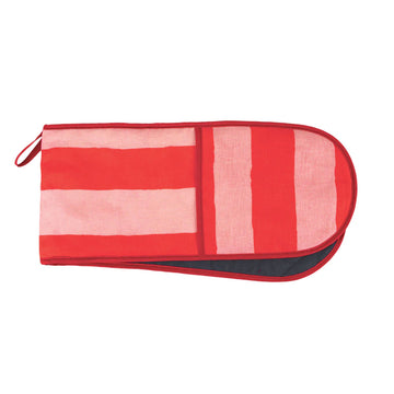 Red and pink striped double oven mitt on a white background.