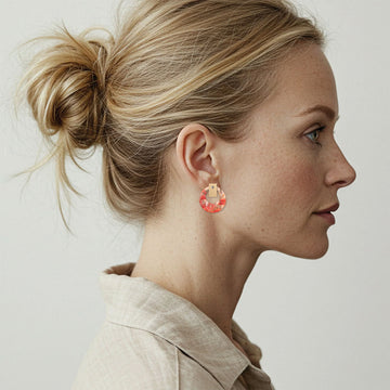 Pair of earrings with floral design on a white background.