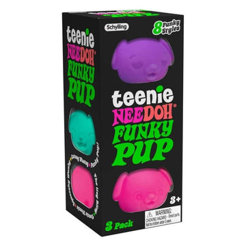 A tall box with three puppy shaped squish toys inside with cut outs showing the toys.