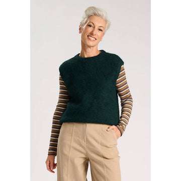 Green sleeveless sweater vest on a white background.
