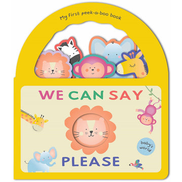 'We Can Say Please' book cover featuring a rounded top half and illustrations of different animals including a giraffe, lion, elephant and monkey.