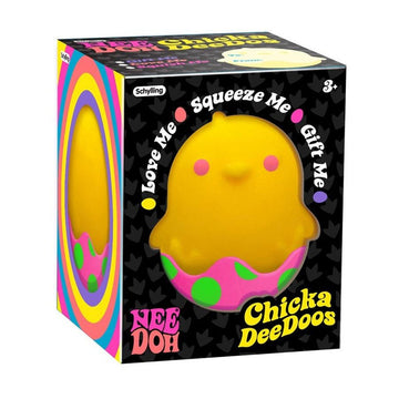 A chick shaped squish toy in a box with a cut out showing the toy inside. The box has the text 'Love Me Squeeze Me Gift Me Chicka DeeDoos'.