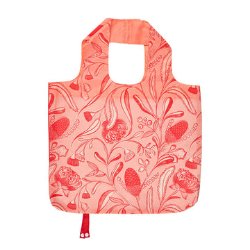 Reusable shopping bag with red floral pattern on a white background.