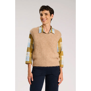Beige sweater vest on a white background.
