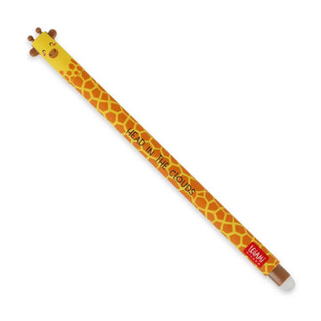A pen printed with a giraffe print and a giraffe face at the top with the text 'Head in the Clouds' written down the side.