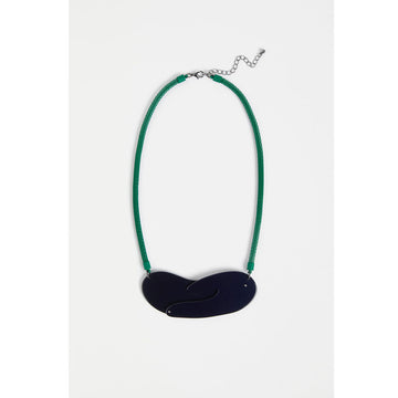An image of a necklace with a navy pendant and a green rubberised snake chain.