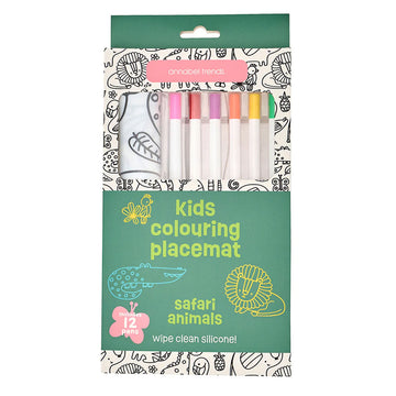 A colouring set packaged up including coloured markers and a colouring mat illustrated with animals.