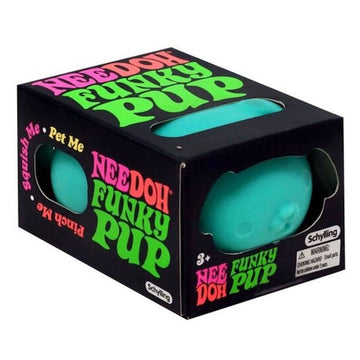 A dog shaped squish toy inside a black box with cut outs and the heading 'Nee Doh Funky Pup'.