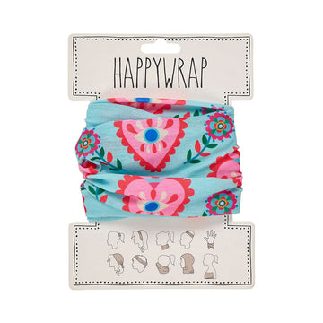 Floral headband with packaging labeled 'Happywrap' on a white background.