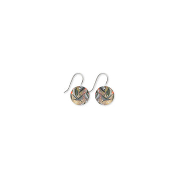 Pair of circle shaped dop earrings with a print of eucalyptus leaves.