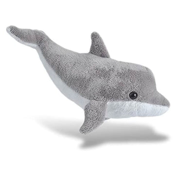 A dolphin soft toy in grey with a white belly.