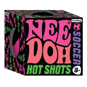 A cube box with the text 'Nee Doh Hot Shots Soccer' on the front with images of coloured soccer balls on the sides.