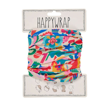 Colorful head wrap with floral pattern on a white background.