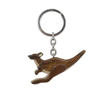 A wooden keyring shaped like a kangaroo.