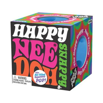 A cube box with the text 'Happy Nee Doh Snappy' on the front and circle cut outs on the sides.