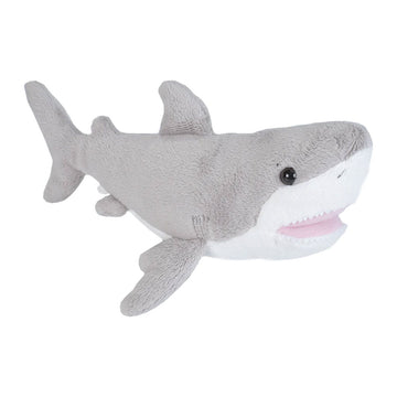 A great white shark soft toy in grey with a white belly.