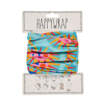 Colorful headband with sun design on a Happywrap branded card.