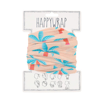 Colorful headband with palm tree design on a white background with 'Happywrap' branding.