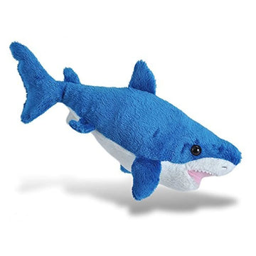 A mako shark soft toy in blue with a white belly.