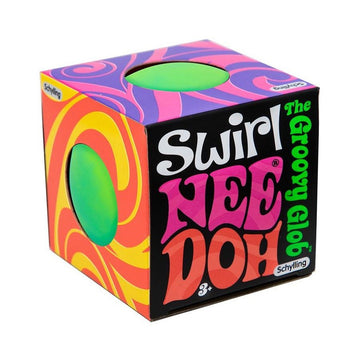 A cube box with the text 'Swirl Nee Doh the Groovy Glob' on the front and circle cut outs on the sides.