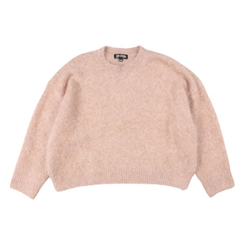 A beige knitted sweater on a white background.