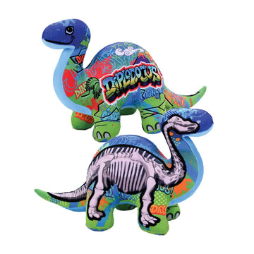 Two diplodocus dinosaur soft toys pictured, showing the front and back. One side has a graffiti pattern and the other side has a skeleton print.